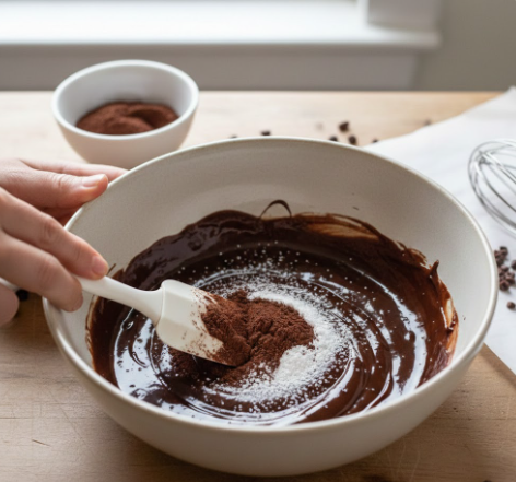 Step 5: Fold the dry mix into the chocolate