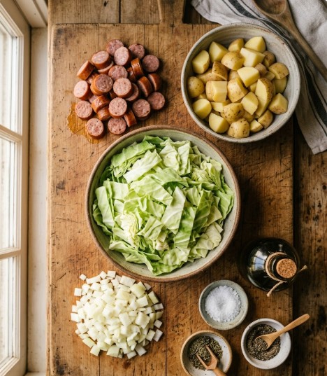 Ingredients for Your Rustic Cabbage, Potatoes, and Sausage Skillet